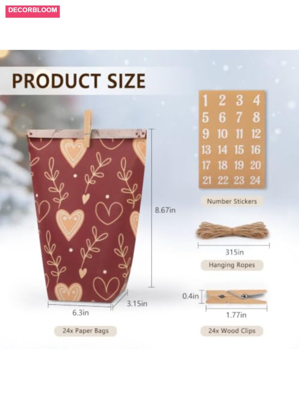 24 Day DIY Kraft Paper Advent Calendar Bags Kit Number Stickers Wooden Clips
